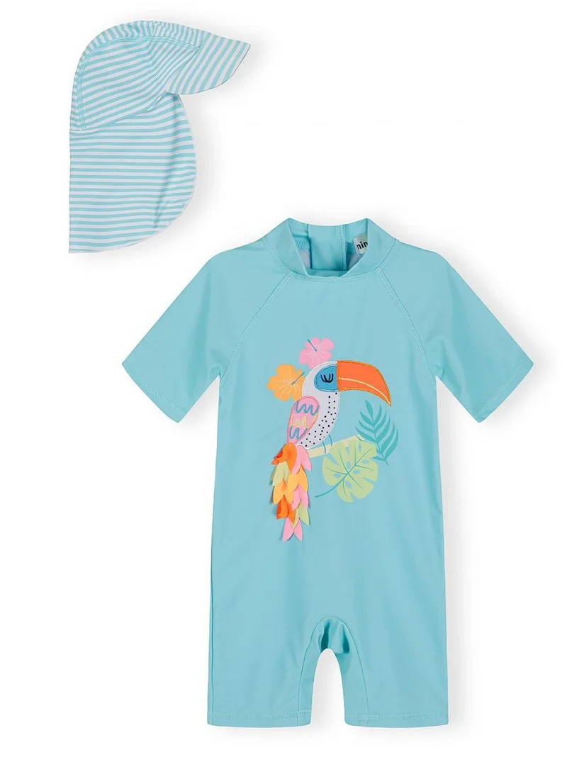 مينوتي Girls two-piece turquoise tucan swimsuit with sun hat